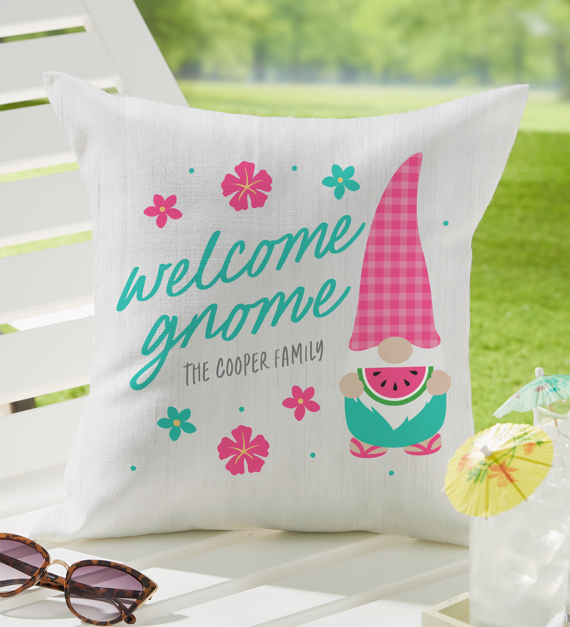 Summer Gnomes Personalized Outdoor Throw Pillow